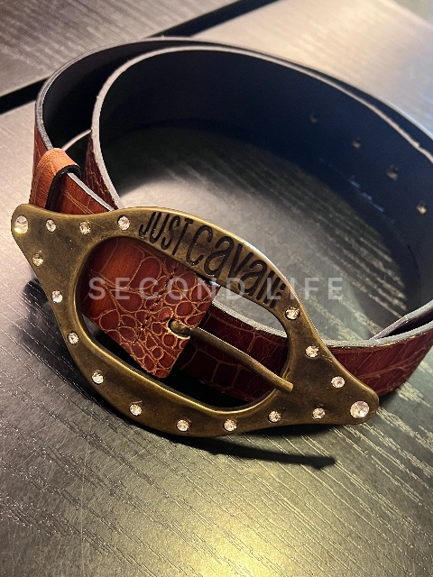 Cintura Just Cavalli Vintage in Pelle Stampa Coccodrillo con Maxi Fibbia Gioiello Y2K - Taglia 90